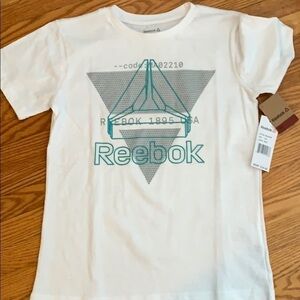 Reebok White T-shirt with Grey/Teal Logo Size S(8)